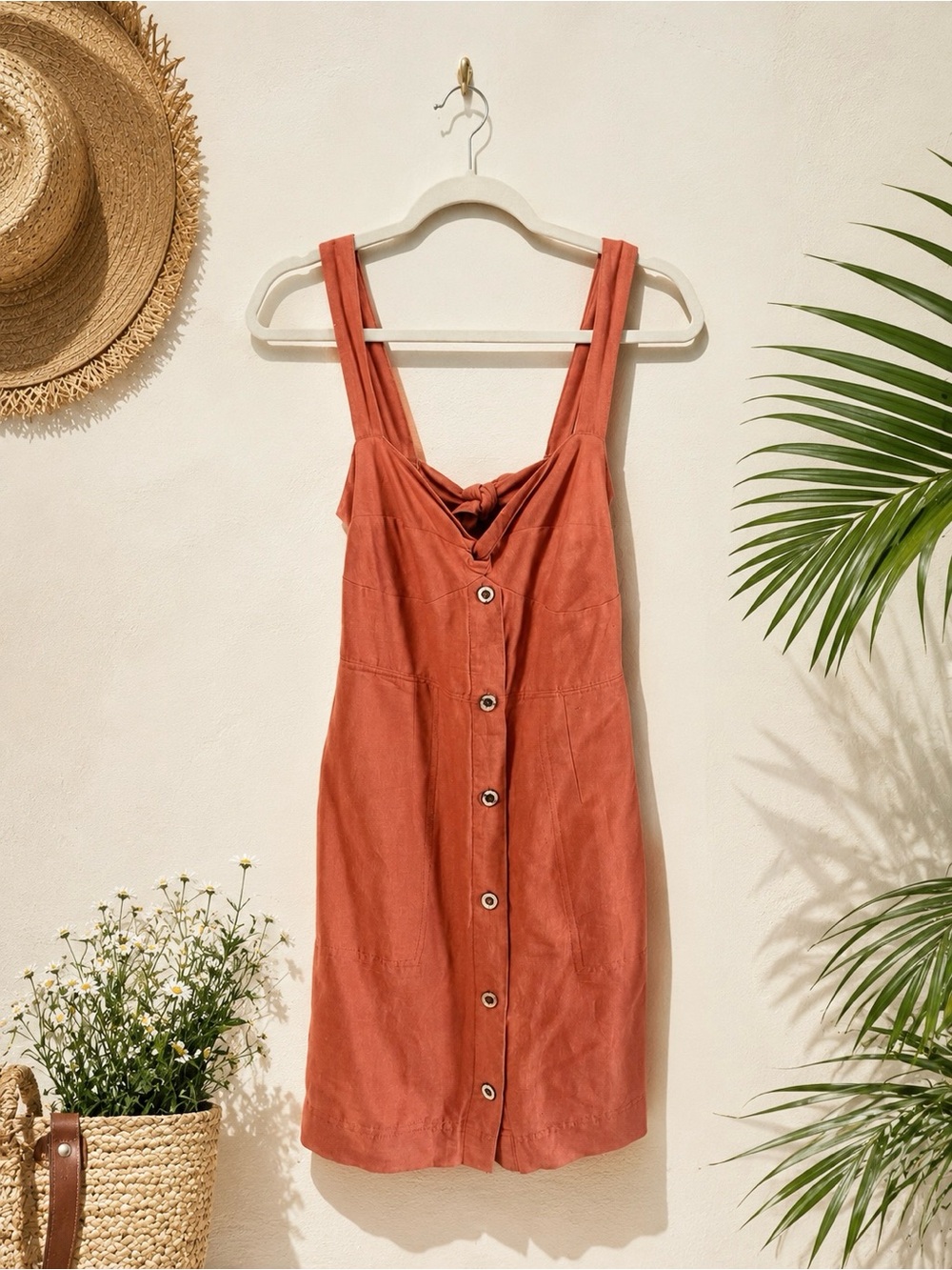 Maeve Anthropologie Rust Linen Blend Button Front Mini Dress | Coastal Summer